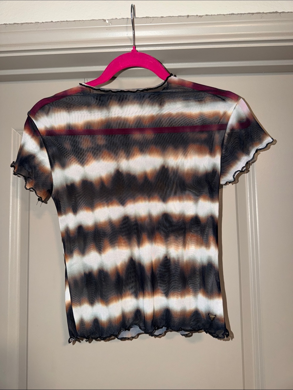 GUESS Women’s Mesh Striped Short-Sleeve Tee in Black, White & Brown